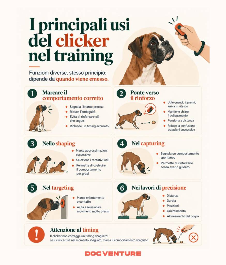 Infografica sui principali usi del clicker nel training con il cane, dal marking allo shaping, capturing e targeting