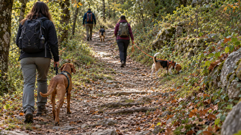 Gruppo di escursionisti con cani al guinzaglio durante un'attività di dog trekking su un sentiero boschivo, con i binomi distanziati lungo il percorso e un Beagle impegnato nell'esplorazione olfattiva.