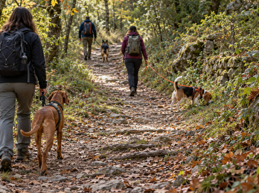 Gruppo di escursionisti con cani al guinzaglio durante un'attività di dog trekking su un sentiero boschivo, con i binomi distanziati lungo il percorso e un Beagle impegnato nell'esplorazione olfattiva.