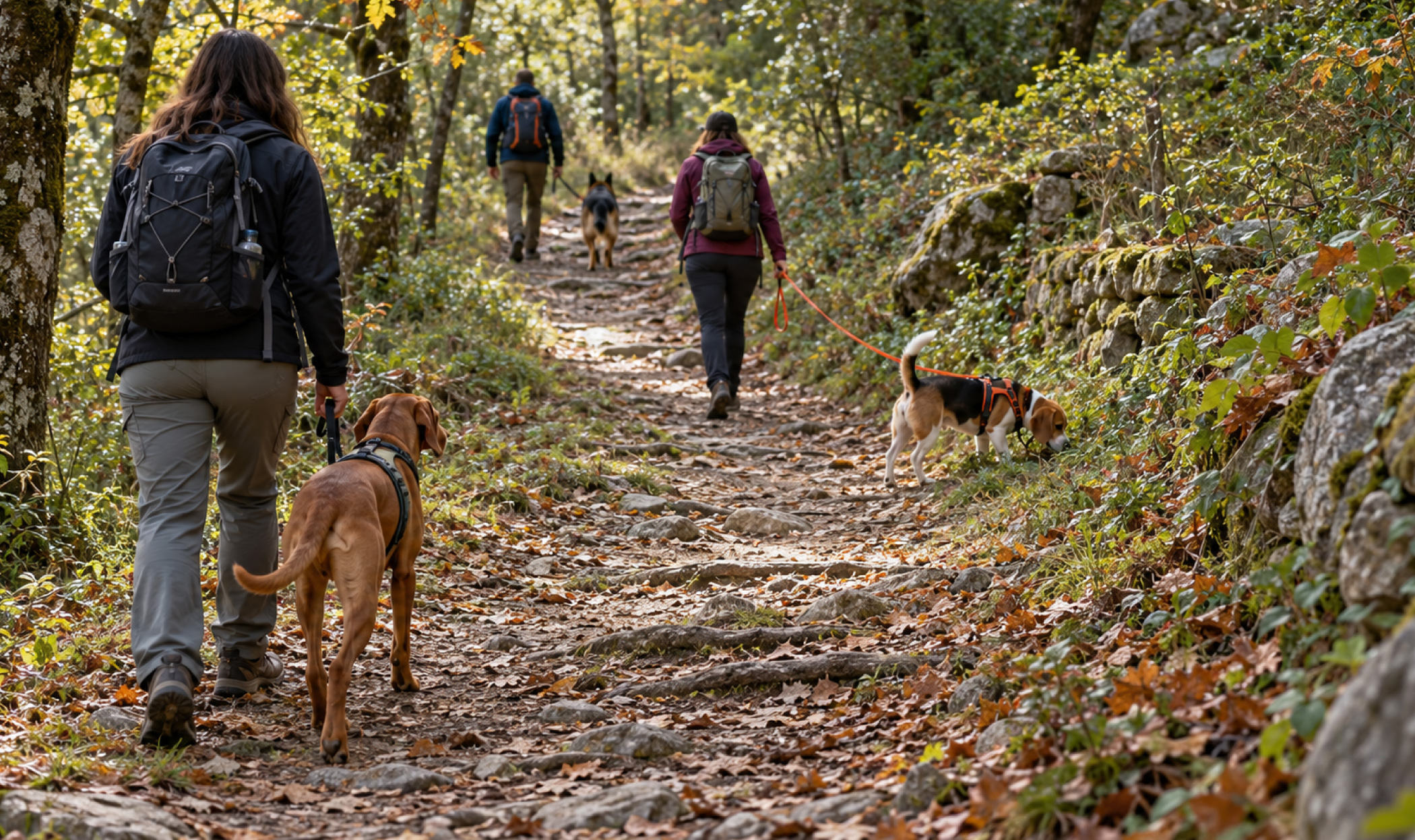 Gruppo di escursionisti con cani al guinzaglio durante un'attività di dog trekking su un sentiero boschivo, con i binomi distanziati lungo il percorso e un Beagle impegnato nell'esplorazione olfattiva.