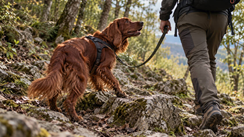 Setter irlandese con pettorina e guinzaglio affronta un tratto roccioso durante un'escursione di dog trekking nel bosco, guardando il proprietario mentre supera gli ostacoli del sentiero.