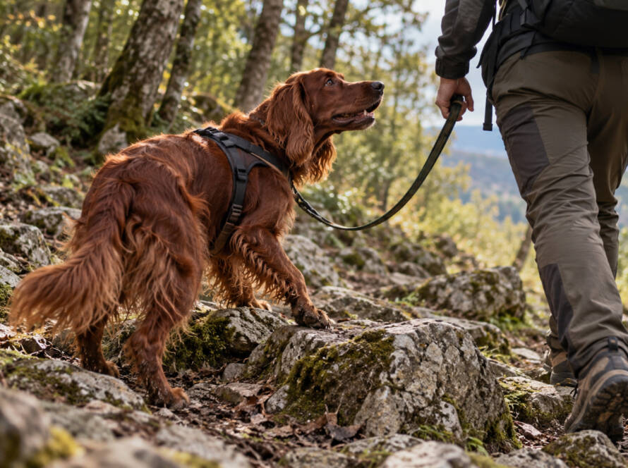 Setter irlandese con pettorina e guinzaglio affronta un tratto roccioso durante un'escursione di dog trekking nel bosco, guardando il proprietario mentre supera gli ostacoli del sentiero.