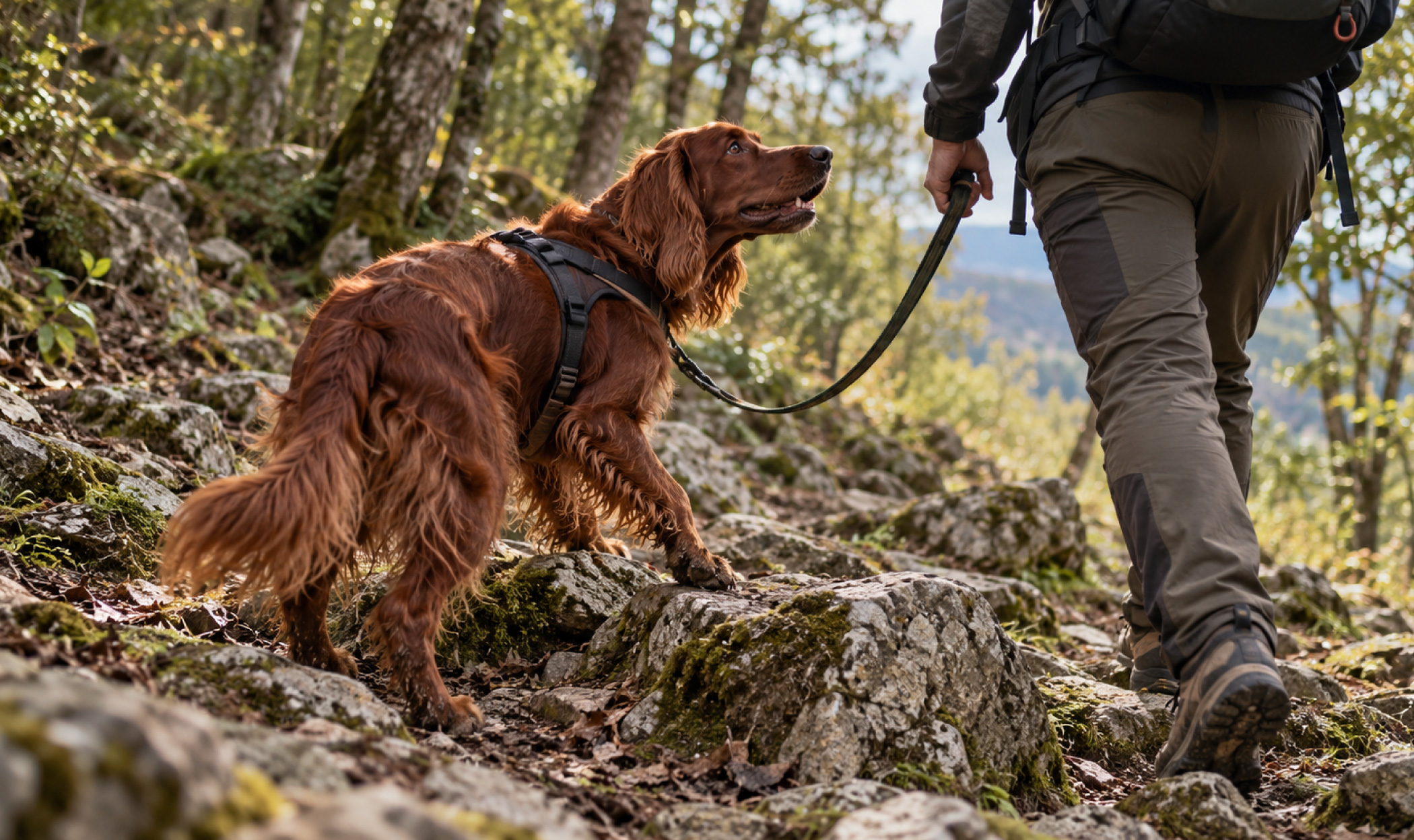 Setter irlandese con pettorina e guinzaglio affronta un tratto roccioso durante un'escursione di dog trekking nel bosco, guardando il proprietario mentre supera gli ostacoli del sentiero.