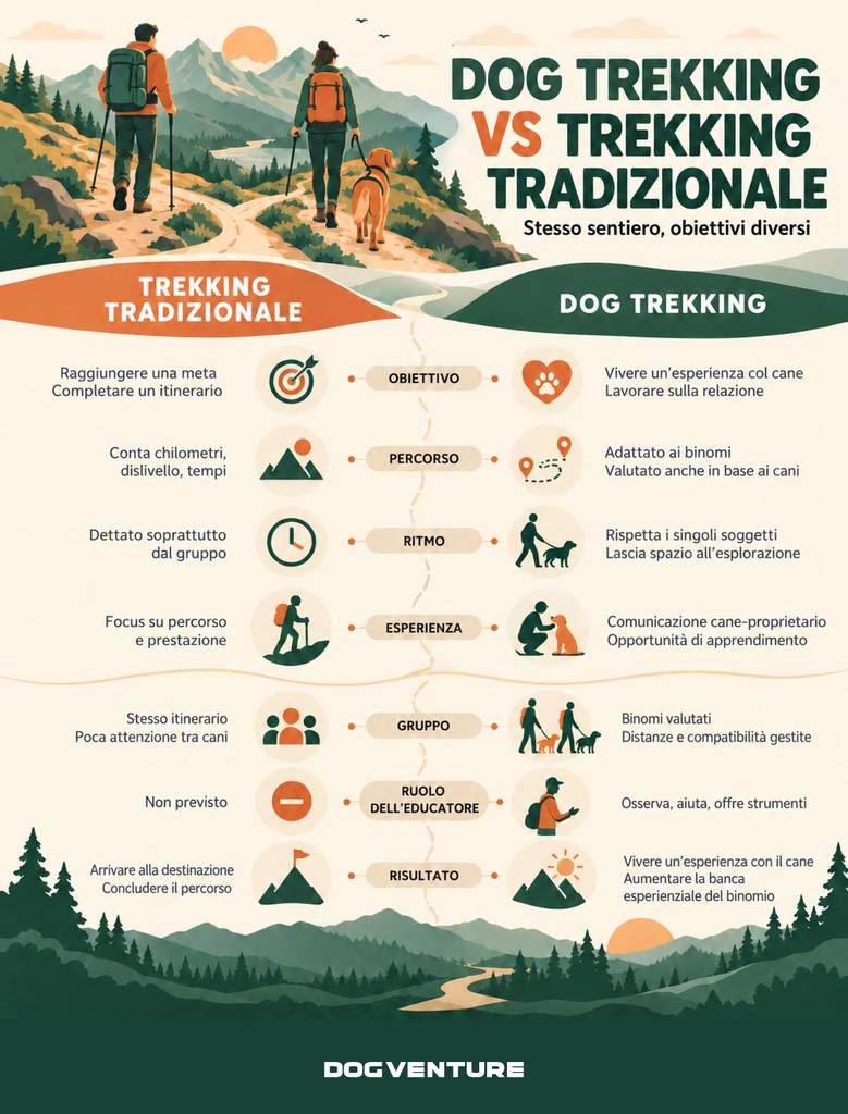 Schema comparativo tra dog trekking e trekking tradizionale, con differenze negli obiettivi, nella scelta del percorso, nel ritmo, nell'esperienza, nella gestione del gruppo, nel ruolo dell'educatore cinofilo e nei risultati dell'escursione.
