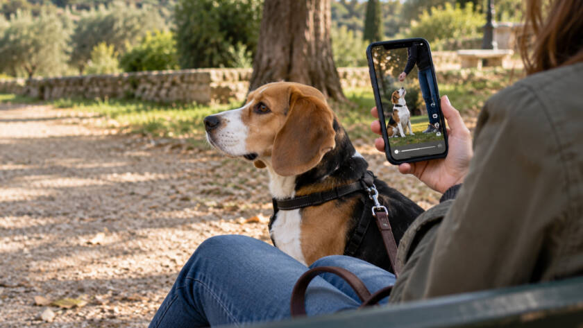 Donna seduta su una panchina con un Beagle al guinzaglio mentre guarda sullo smartphone un video social di educazione cinofila, nel quale un cane esegue un esercizio con un addestratore.