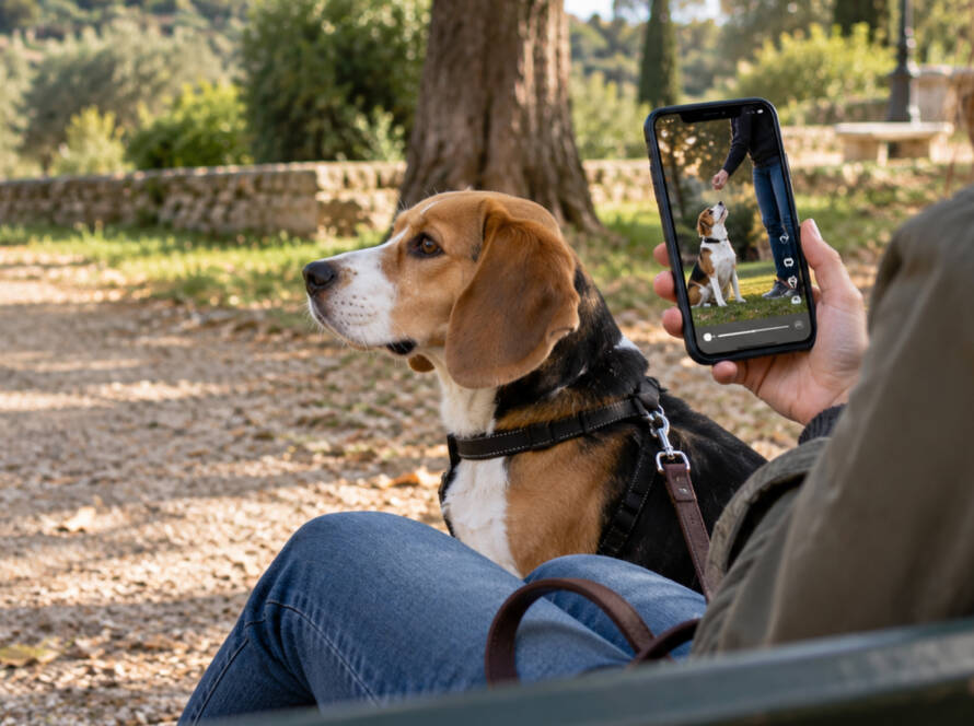 Donna seduta su una panchina con un Beagle al guinzaglio mentre guarda sullo smartphone un video social di educazione cinofila, nel quale un cane esegue un esercizio con un addestratore.