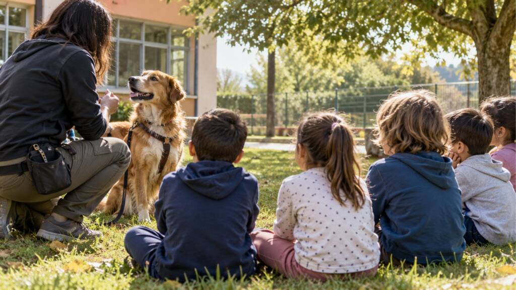 Educatrice cinofila durante un'attività di educazione cinofila in un istituto scolastico, con un cane seduto davanti a un gruppo di bambini che osservano la dimostrazione all'aperto.