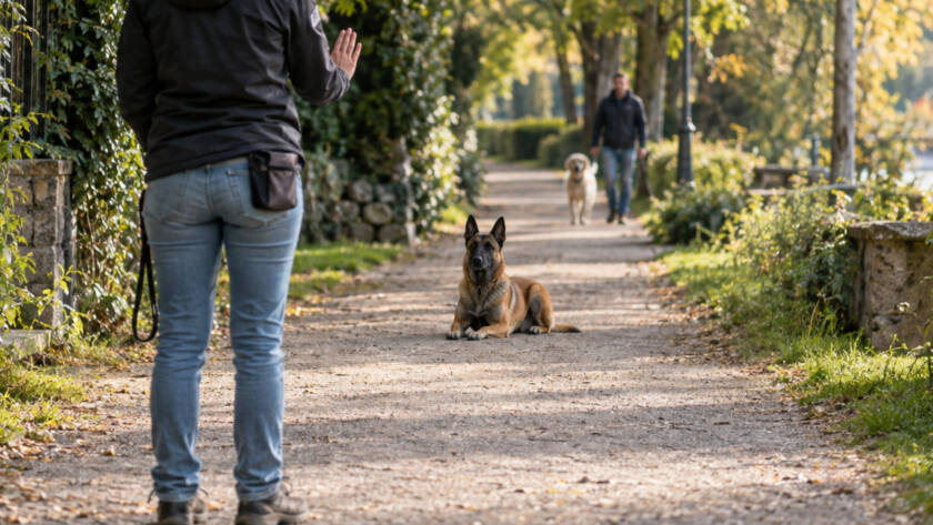 Persona richiama il cane a distanza durante l'incontro con un altro cane