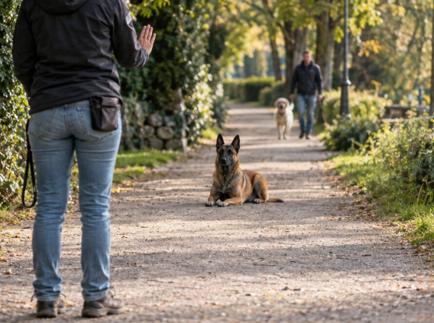 Persona richiama il cane a distanza durante l'incontro con un altro cane