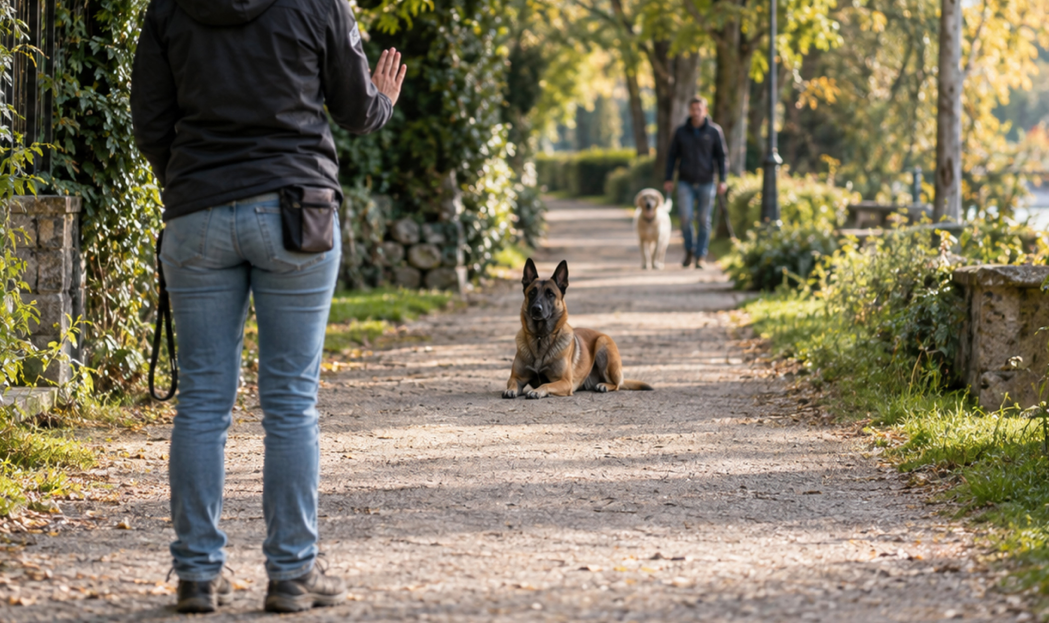 Persona richiama il cane a distanza durante l'incontro con un altro cane