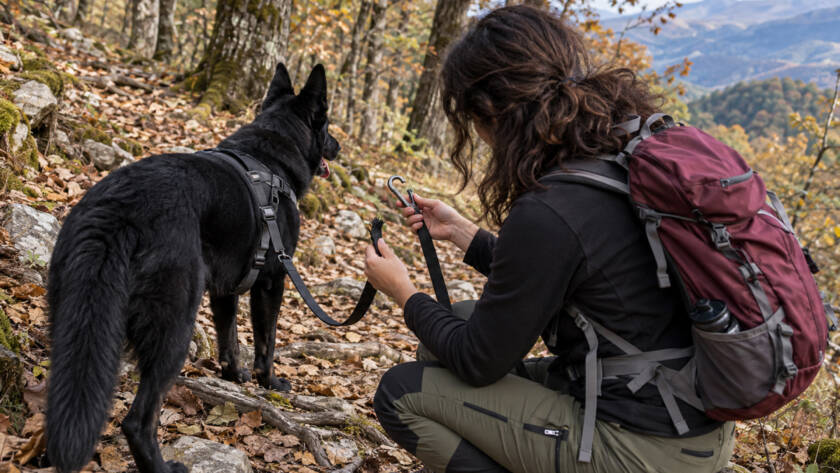 Escursionista inginocchiata su un sentiero di montagna mentre maneggia un moschettone e una cinghia per preparare un guinzaglio d'emergenza, accanto a un cane nero con pettorina.