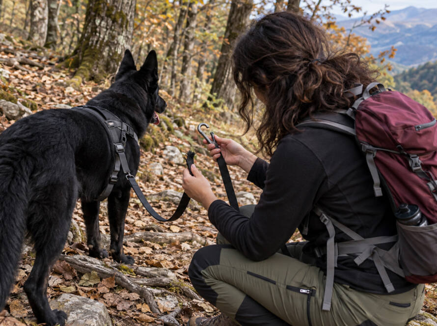Escursionista inginocchiata su un sentiero di montagna mentre maneggia un moschettone e una cinghia per preparare un guinzaglio d'emergenza, accanto a un cane nero con pettorina.