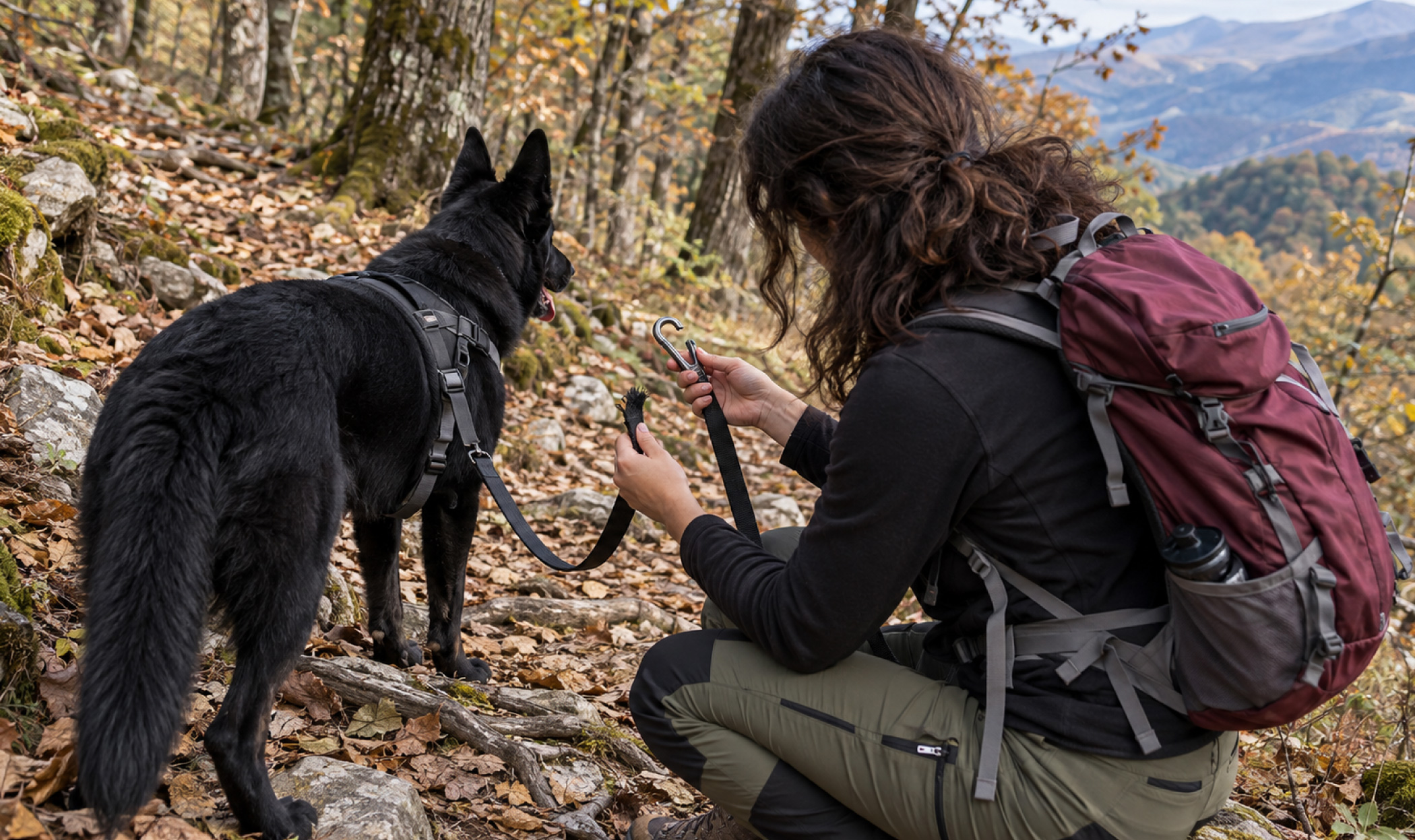Escursionista inginocchiata su un sentiero di montagna mentre maneggia un moschettone e una cinghia per preparare un guinzaglio d'emergenza, accanto a un cane nero con pettorina.