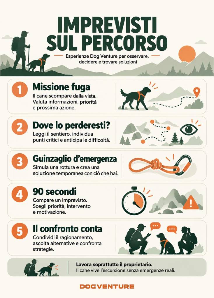 Infografica Dog Venture con cinque esercitazioni per affrontare gli imprevisti durante il dog trekking, dalla simulazione di smarrimento del cane alla valutazione dei rischi sul sentiero, fino al guinzaglio d'emergenza e alla gestione delle priorità.