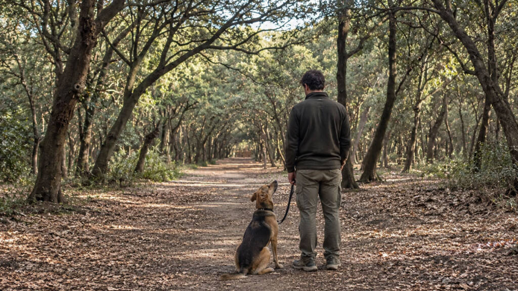 Cane seduto al guinzaglio che guarda il proprietario durante una pausa su un sentiero nel bosco, mostrando un momento di attenzione reciproca durante la passeggiata.