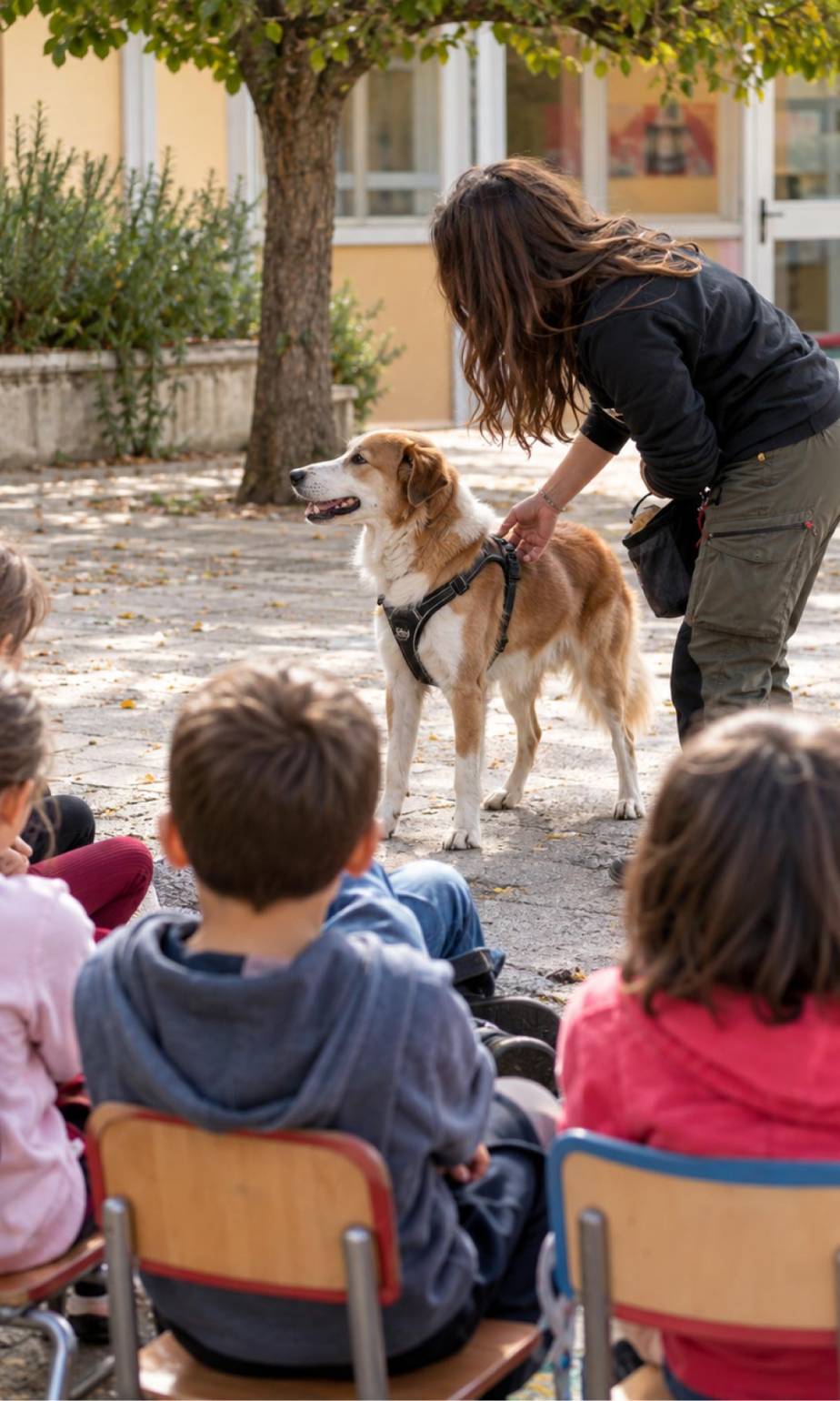 Educatrice cinofila mostra un cane con pettorina a un gruppo di bambini seduti sulle sedie durante una lezione di educazione cinofila nel cortile di un istituto scolastico.