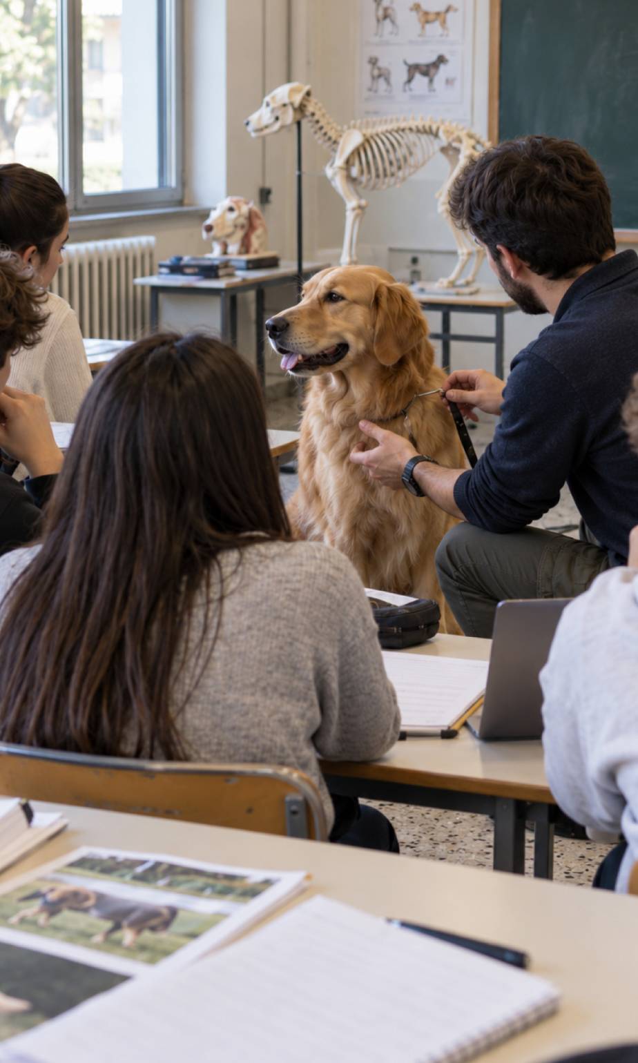 Lezione di educazione cinofila in un istituto scolastico con un Golden Retriever, un educatore e alcuni studenti in aula, con un modello dello scheletro del cane e materiali didattici sul comportamento e sull'anatomia canina.